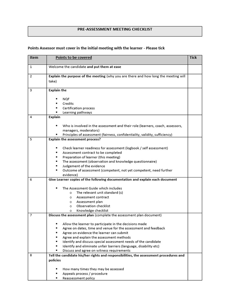 Pre-Assessment Meeting Checklist | PDF | Learning | Behavior Modification