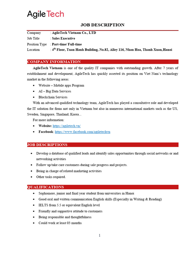 AGILETECH Sales Executive Intern | PDF | Vietnam | Business