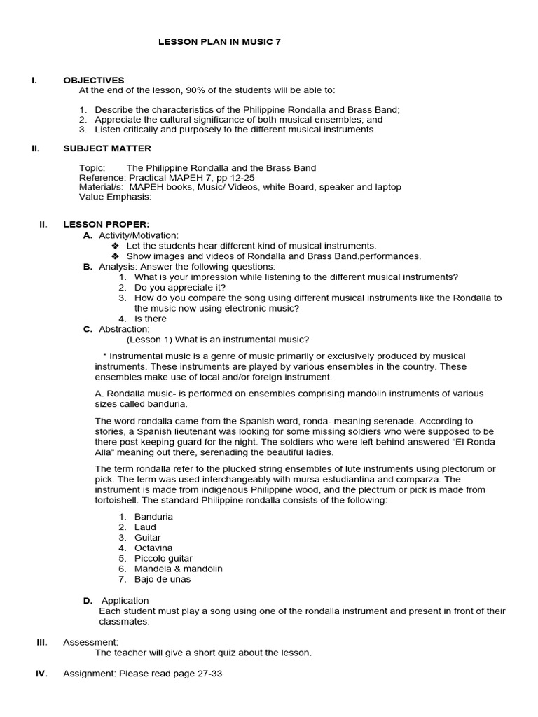 Lesson Plan in Music 7 PDF String Instruments Musical Instruments