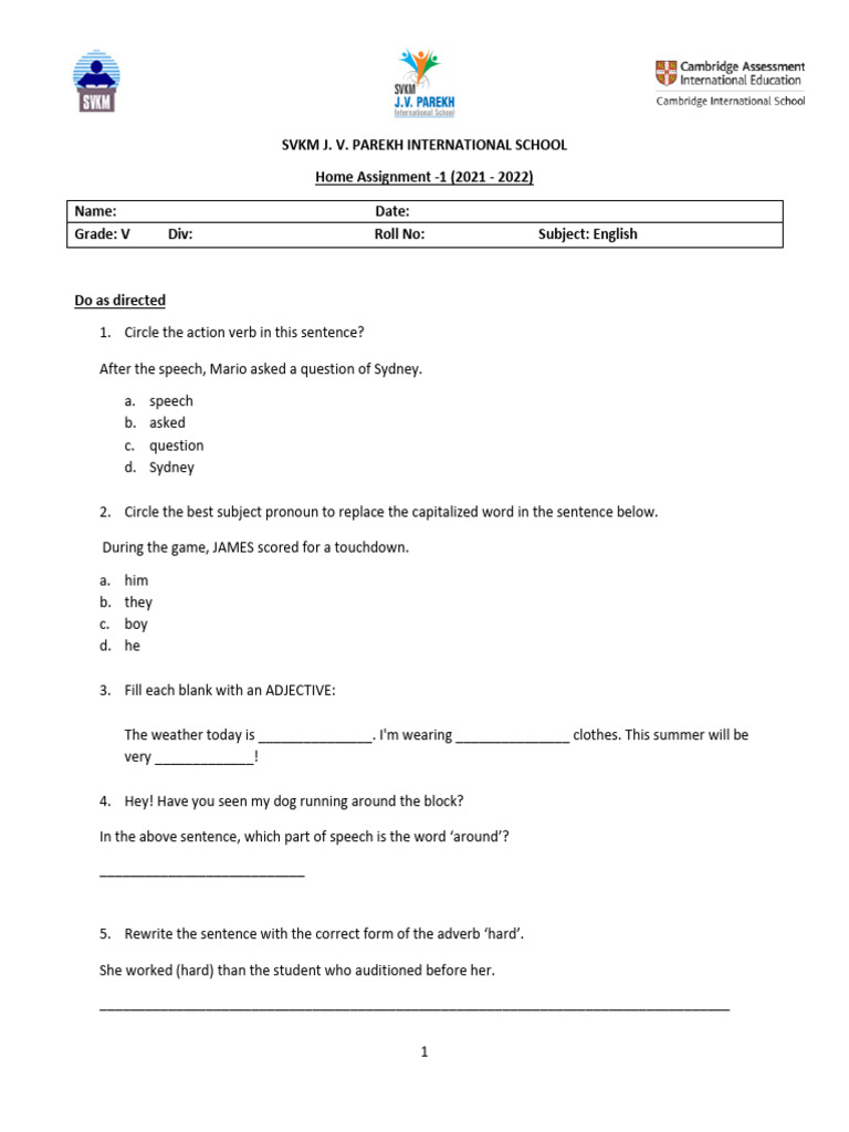Grade 5 English Home Assignment 1 Pdf Verb Part Of Speech