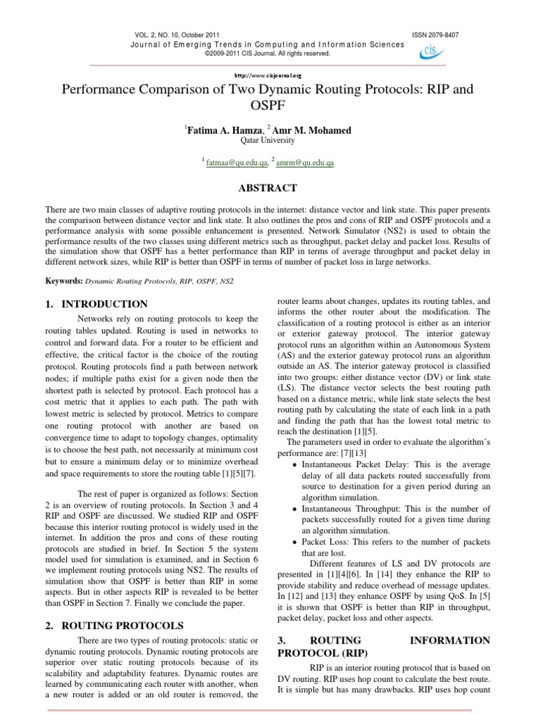 Performance Comparison of Two Dynamic Routing Protocols: RIP and Ospf ...