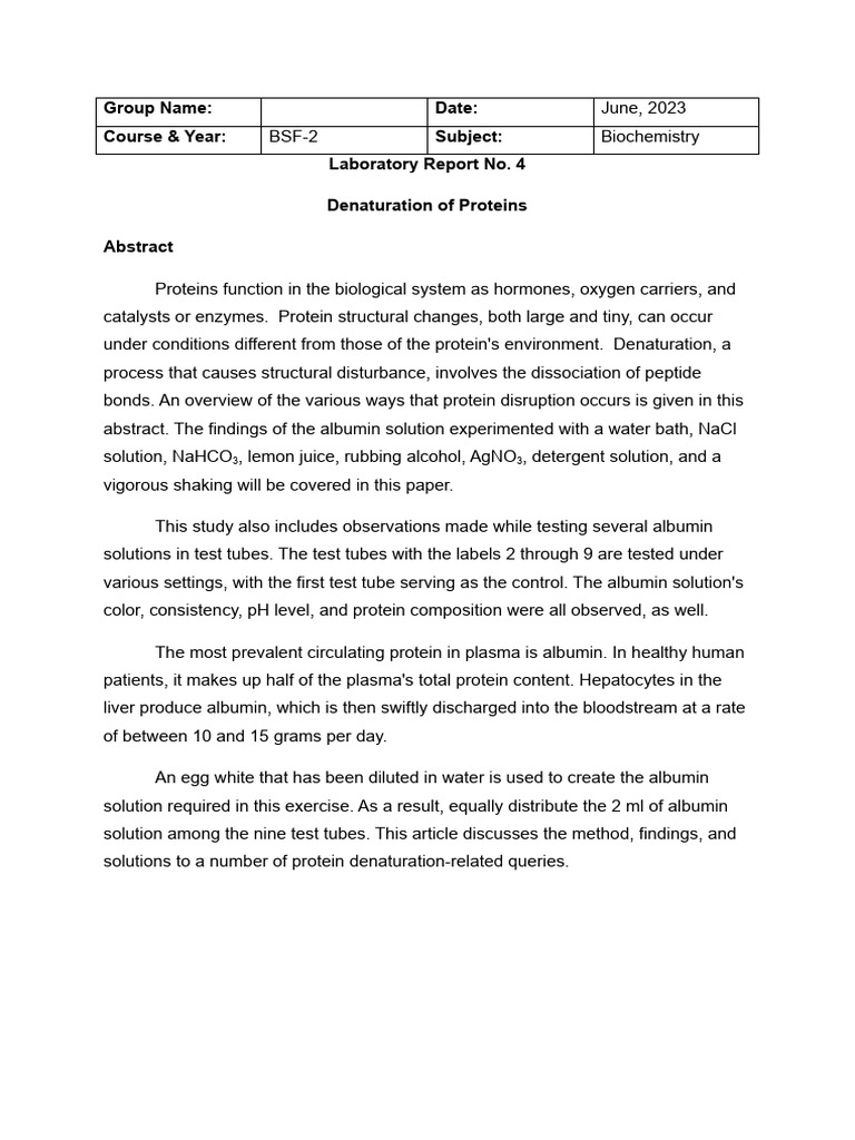 Denaturation of Proteins Laboratory Report PDF Denaturation