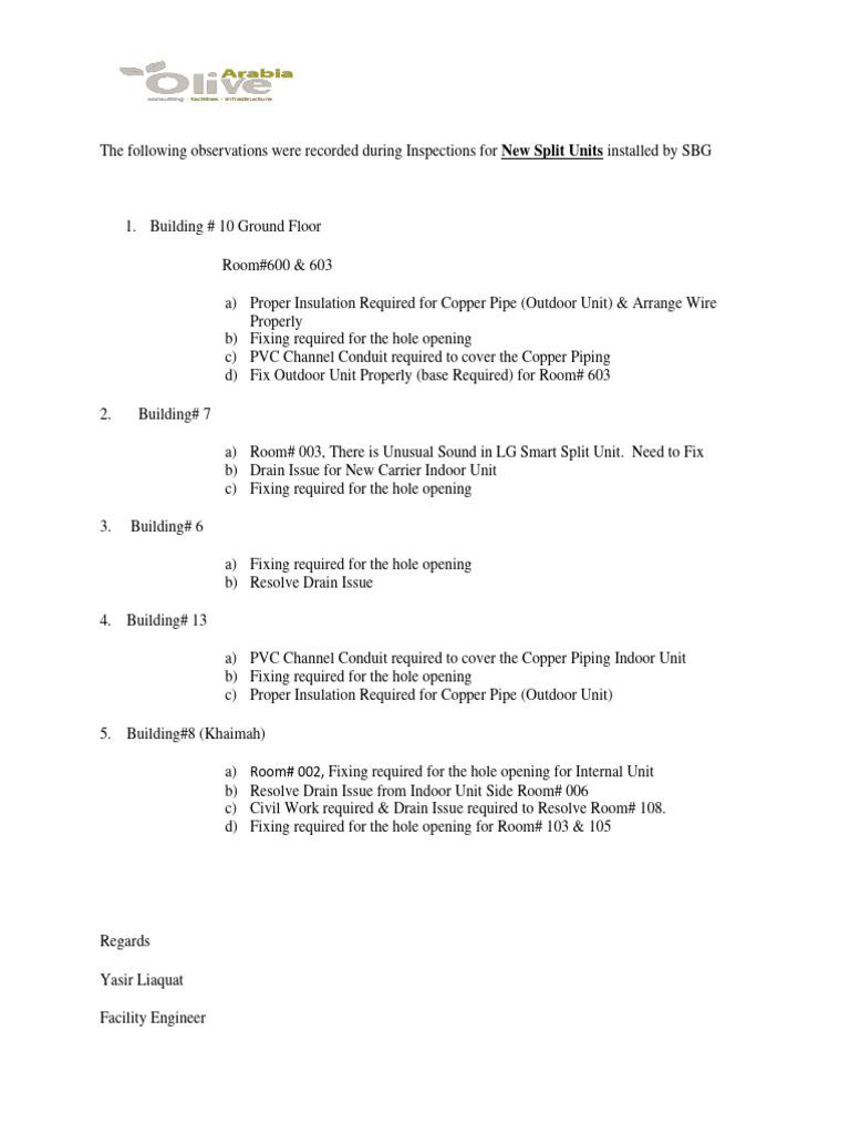Split Unit Inspection Issues Report | PDF