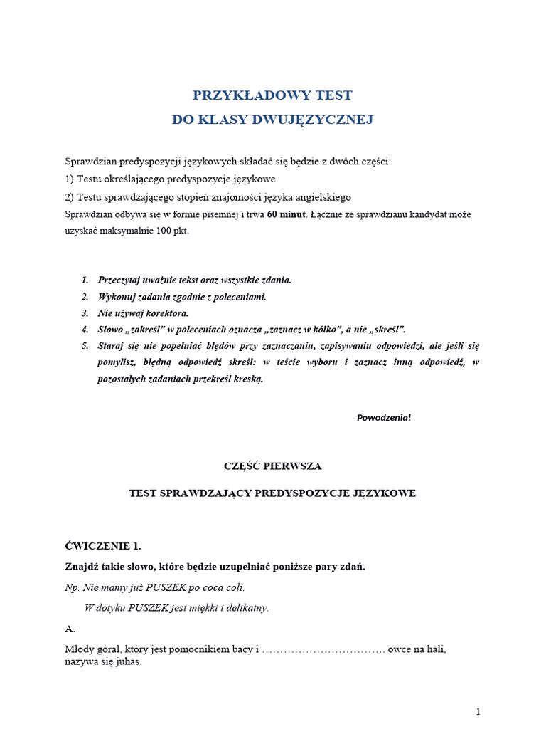 Przykladowy Test Predyspozycji Jezykowych-1 | PDF