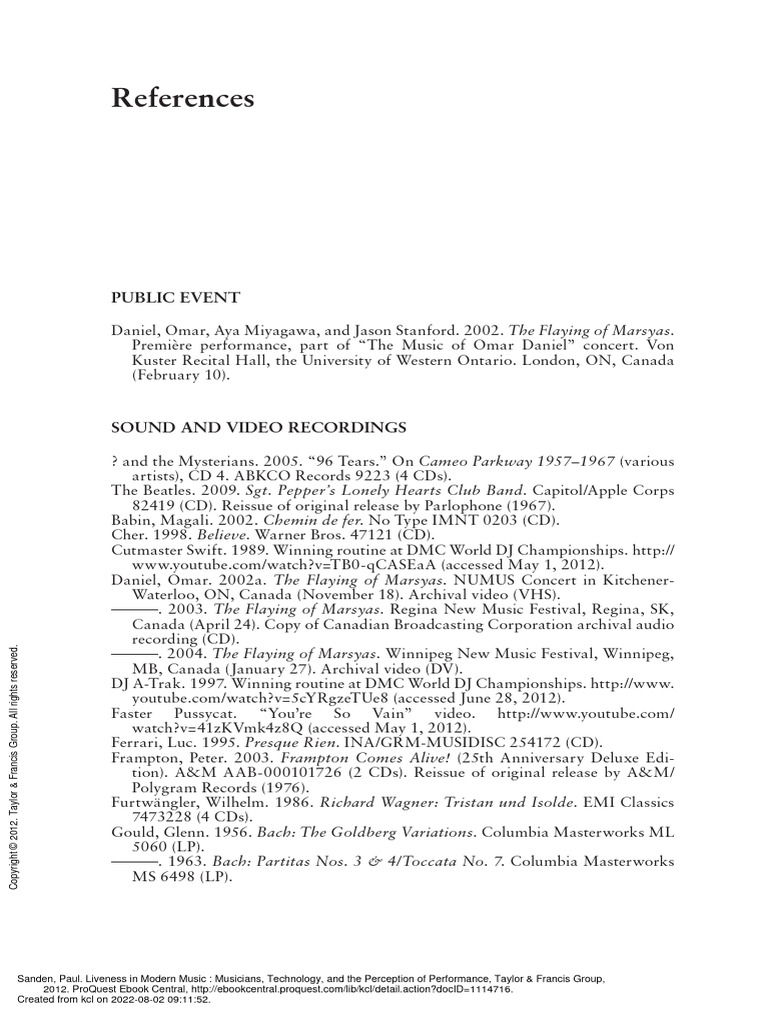 Liveness in Modern Music Musicians Technology and ... - (References) | PDF