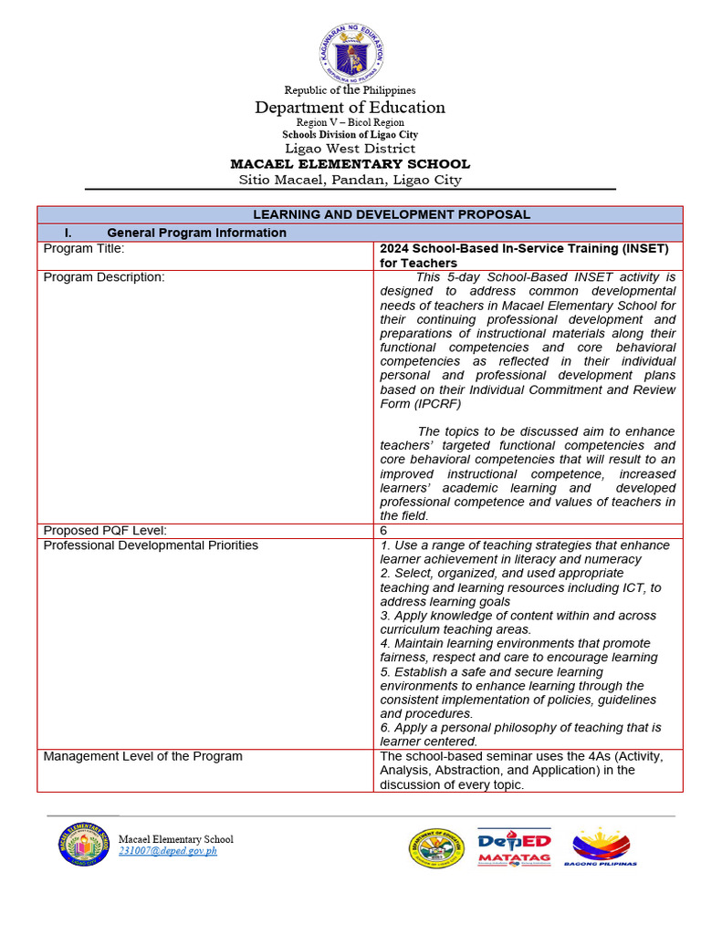 2024 School-Based INSET Proposal | PDF | Curriculum | Teachers