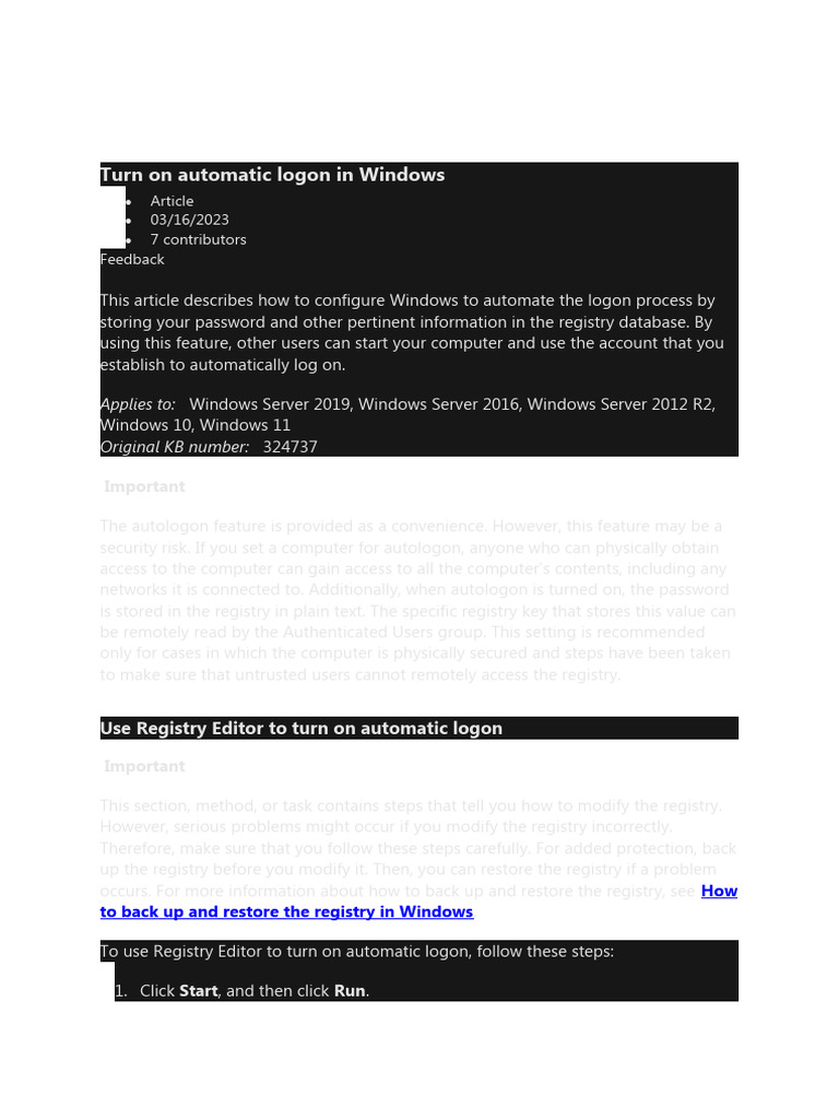 Turn On Automatic Logon in Windows 10 PDF Windows Registry