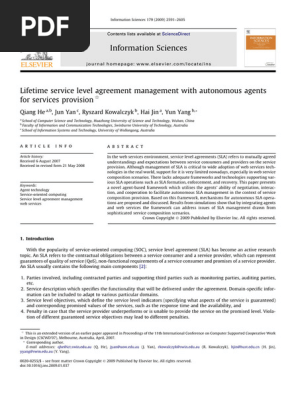 Lifetime service level agreement management with autonomous agents for services provision