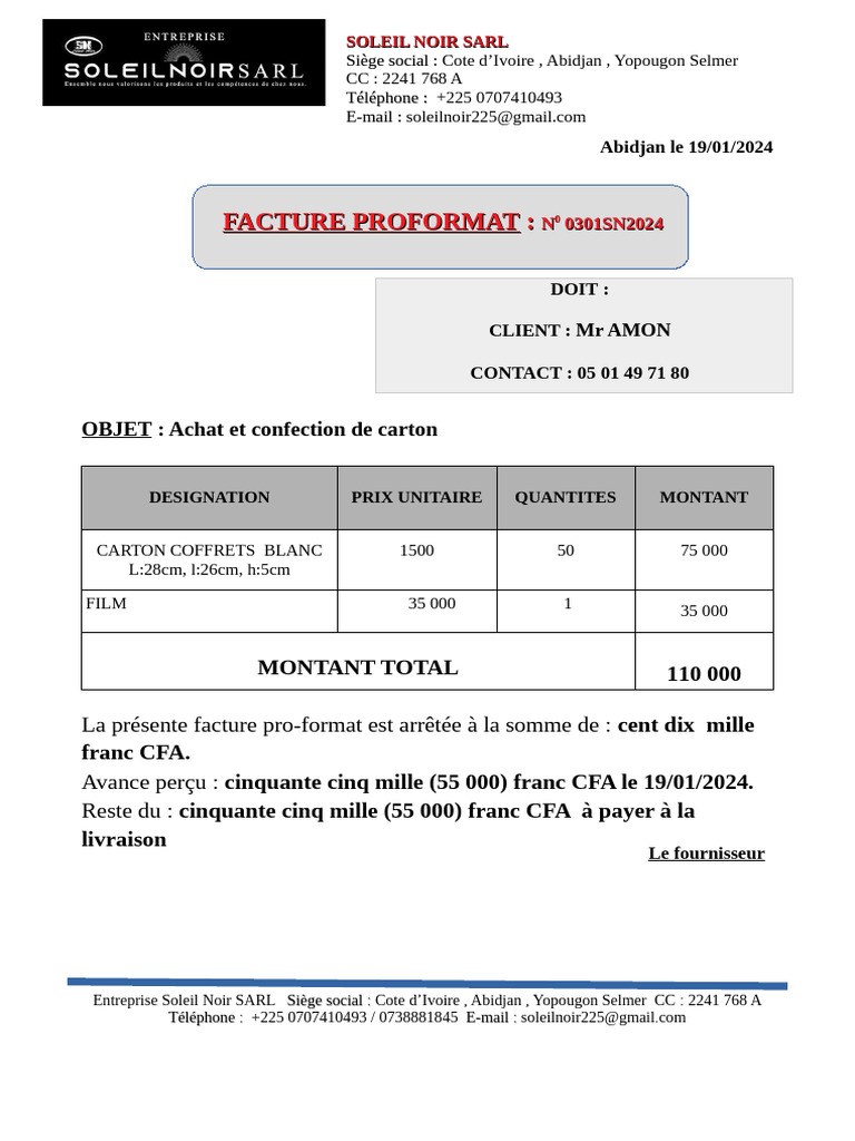 Facture Proformat pour Mr Amon | PDF
