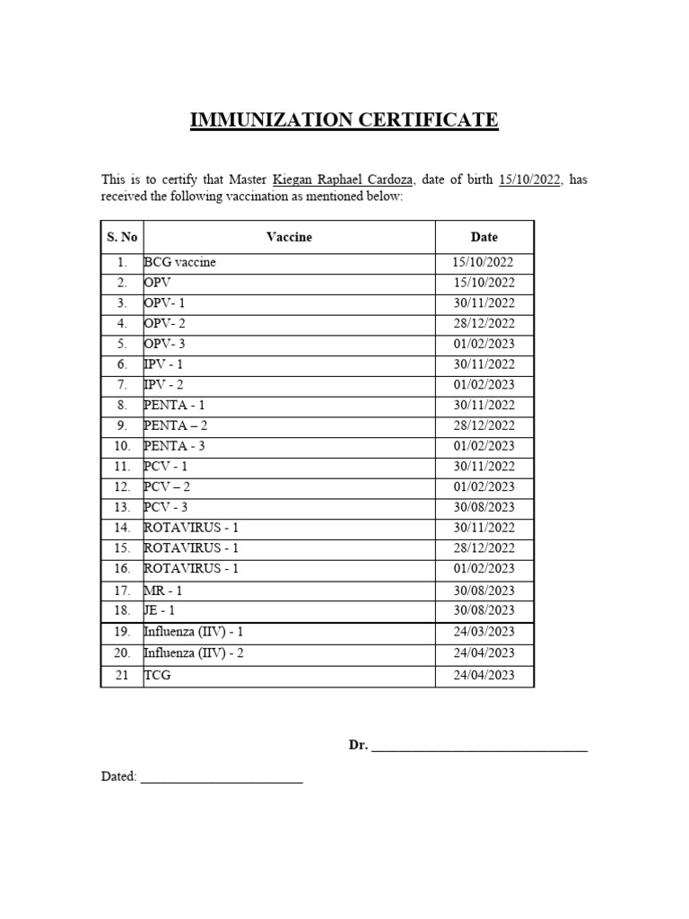 Immunization Certificate for Kiegan Cardoza | PDF | Technology ...