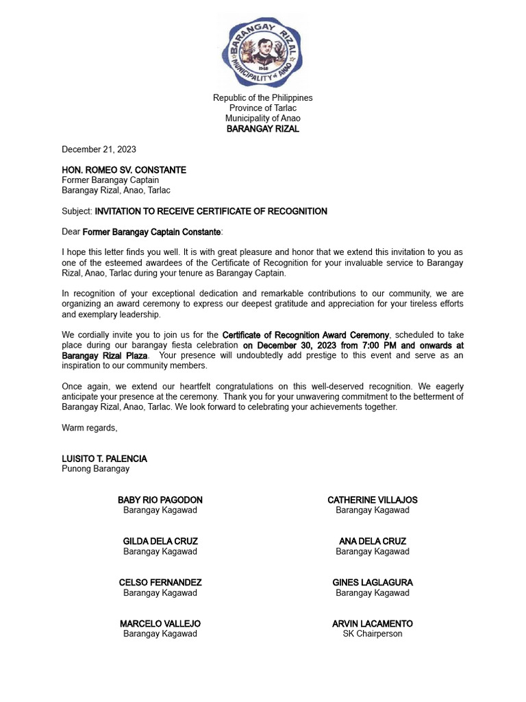Letter To Awardees Barangay Rizal | PDF