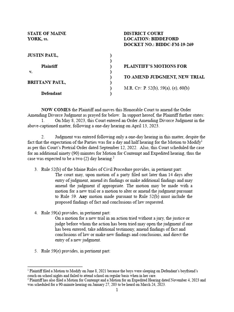 2023 06 14 Motion To Amend FINAL | PDF | Child Support | Judgment (Law)