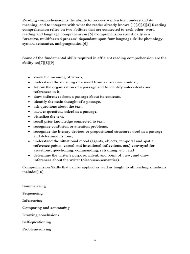 Reading Comprehension Is The Ability To Process Written Text Pdf