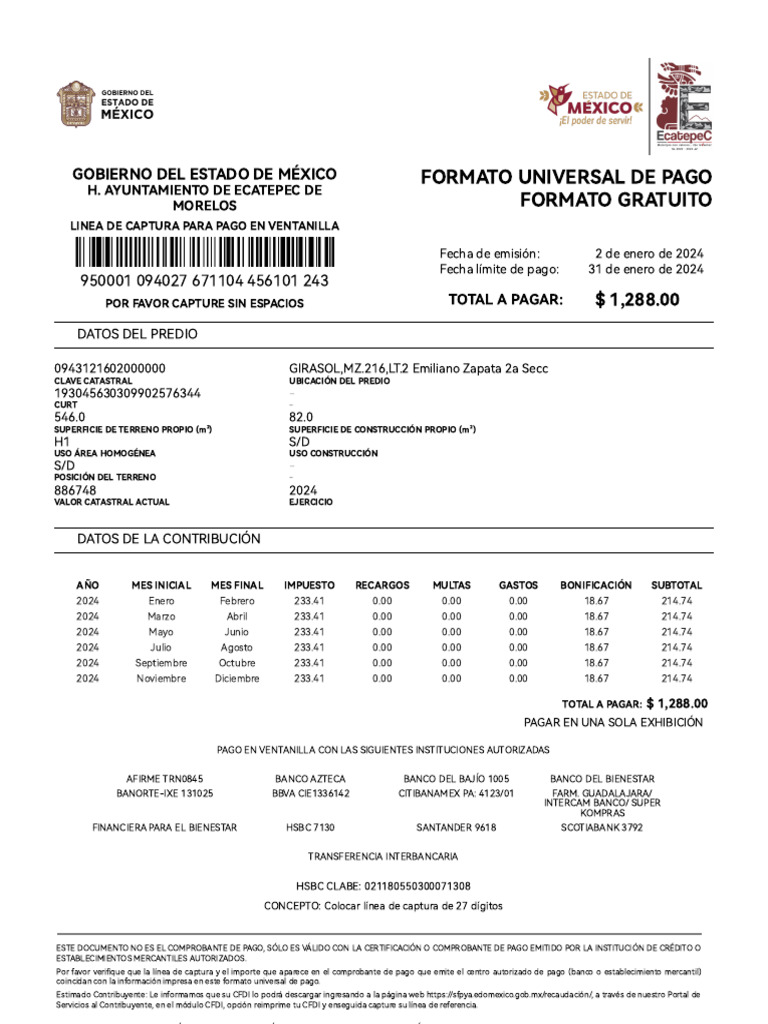 Boleta Predial Edomex 2024: Pago y Formato | PDF