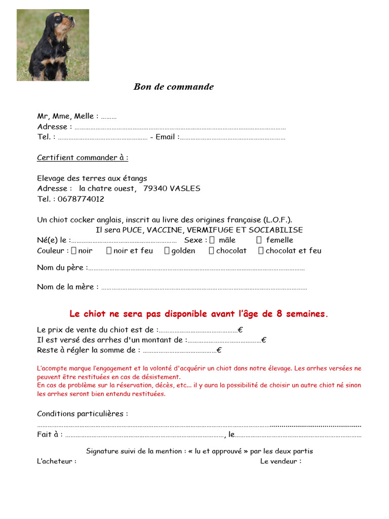 Bon de commande chiot cocker anglais | PDF | Livres de cuisine ...