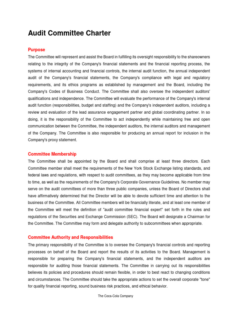 Coca-Cola Audit Committee Charter Overview | PDF | Audit | Audit Committee