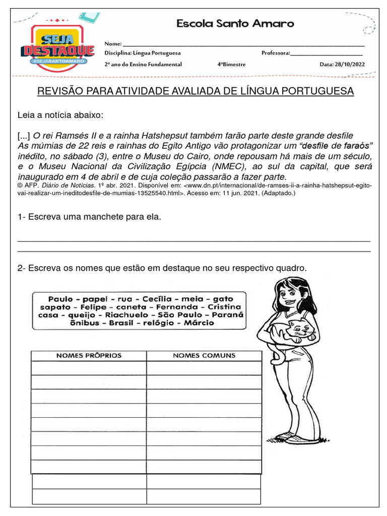 28-10 Revisão Teste de Língua Portuguesa - 2° Ano | PDF
