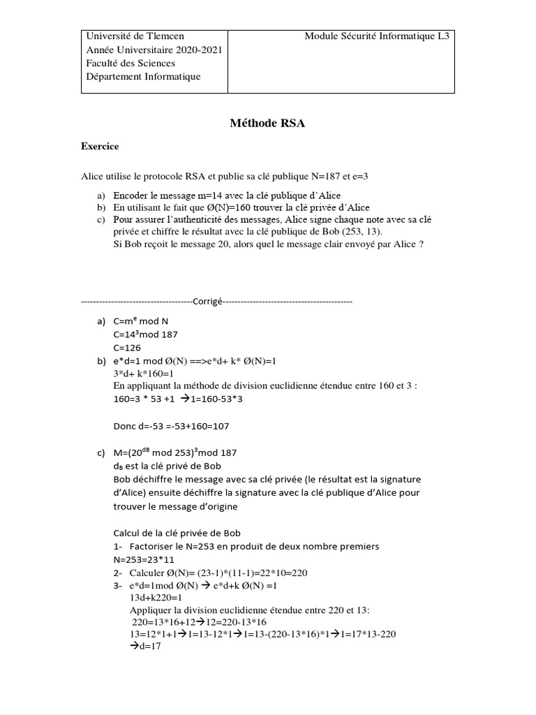 Exercice RSA : Chiffrement et Clés | PDF