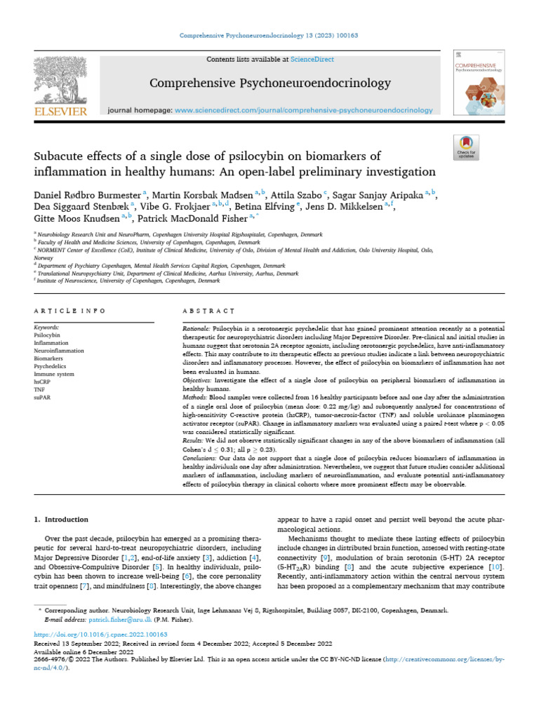 Subacute Effects of A Single Dose of Psilocybin On Biomarkers of ...