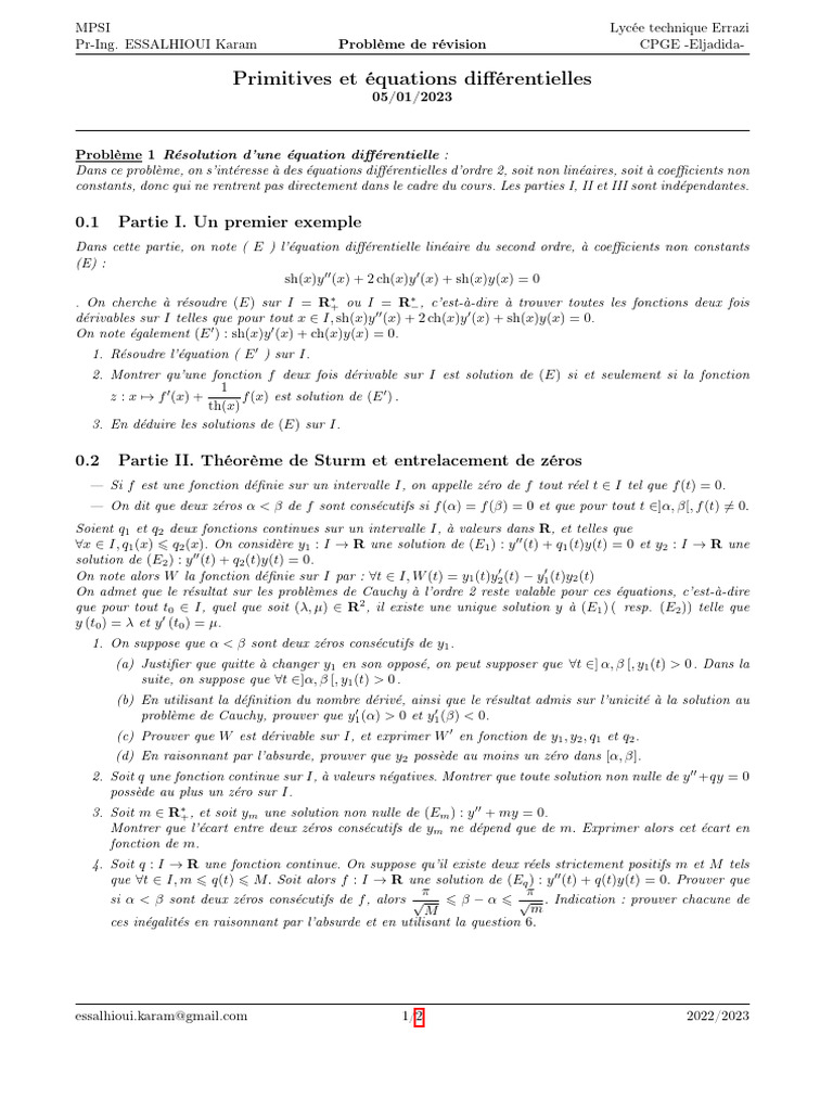 Prob 7 Primitives Et Eq Diff | PDF | Équations | Mathématiques