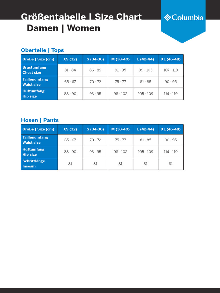 Sizing Columbia Damen PDF