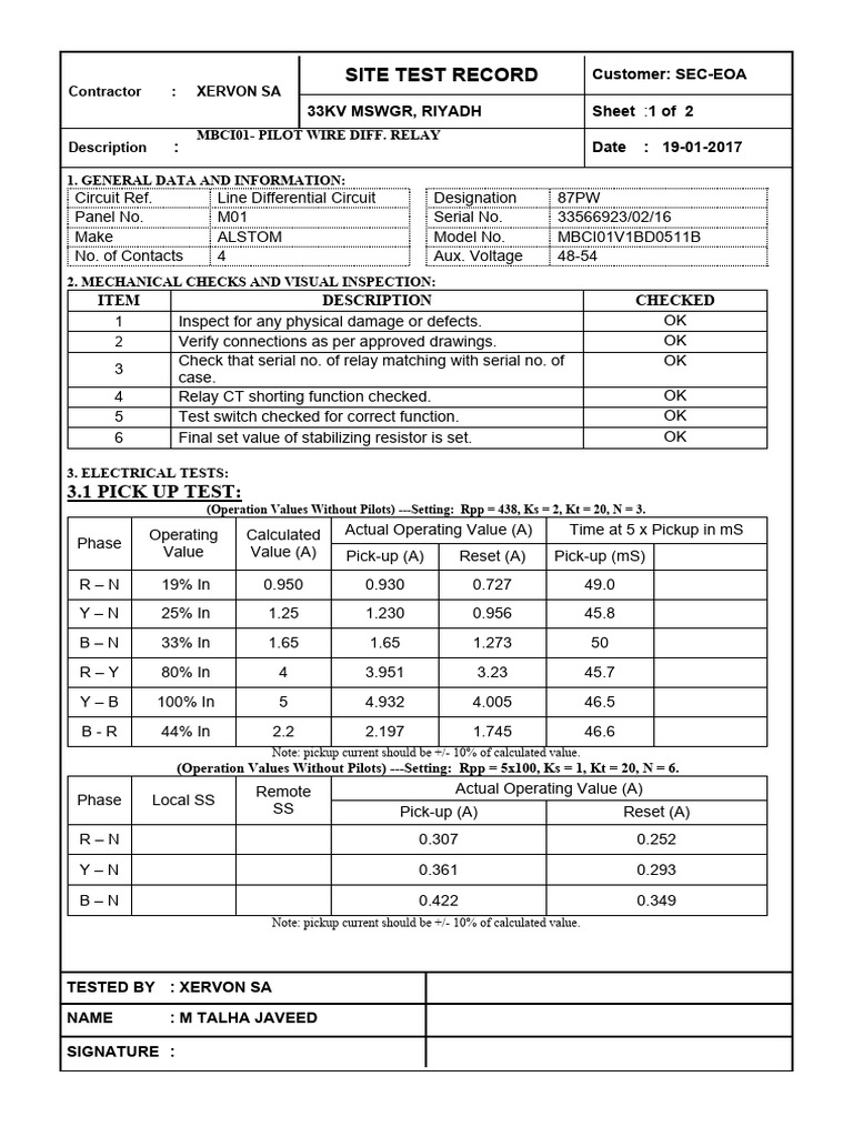 MBCI Relay Test Results and Settings | PDF | Relay | Electrical Engineering