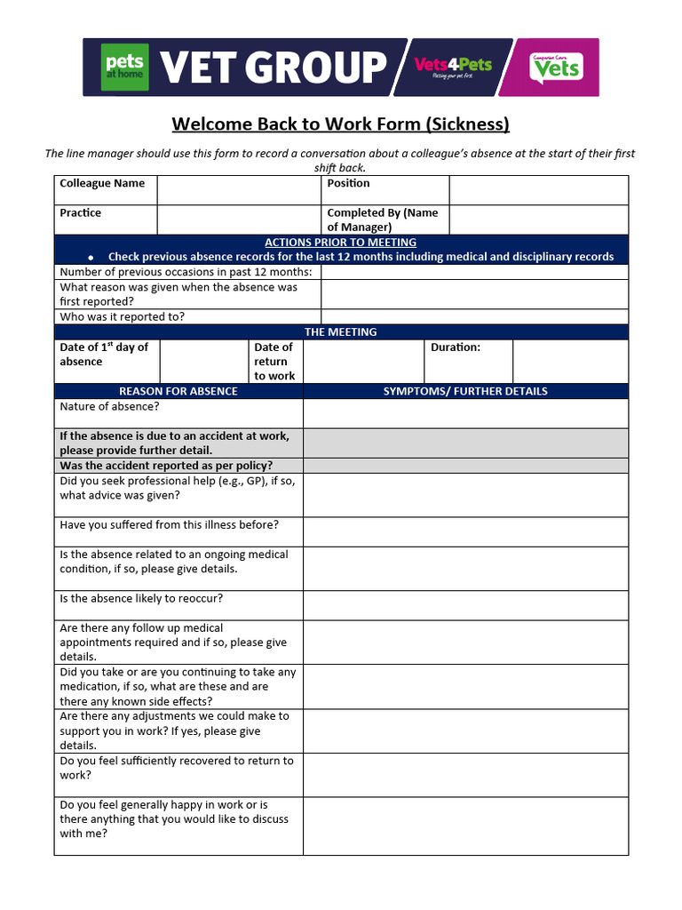 Welcome Back to Work Sickness Form | PDF | Mental Disorder | Health Care