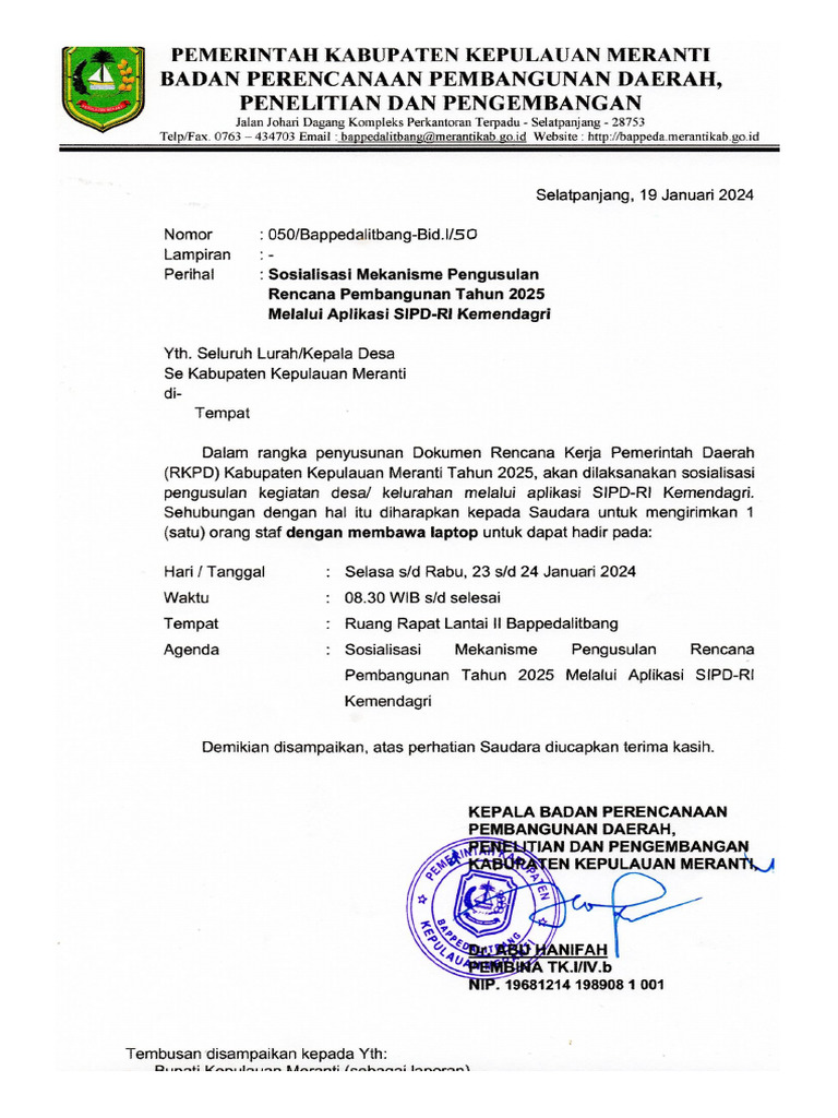 Surat sosialisasi mekanisme pengusulan rencana pembangunan th 2025