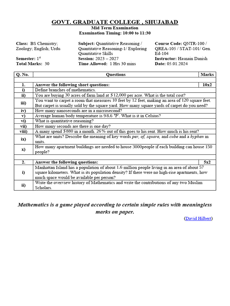 QREA Mid Paper | PDF | Science & Mathematics