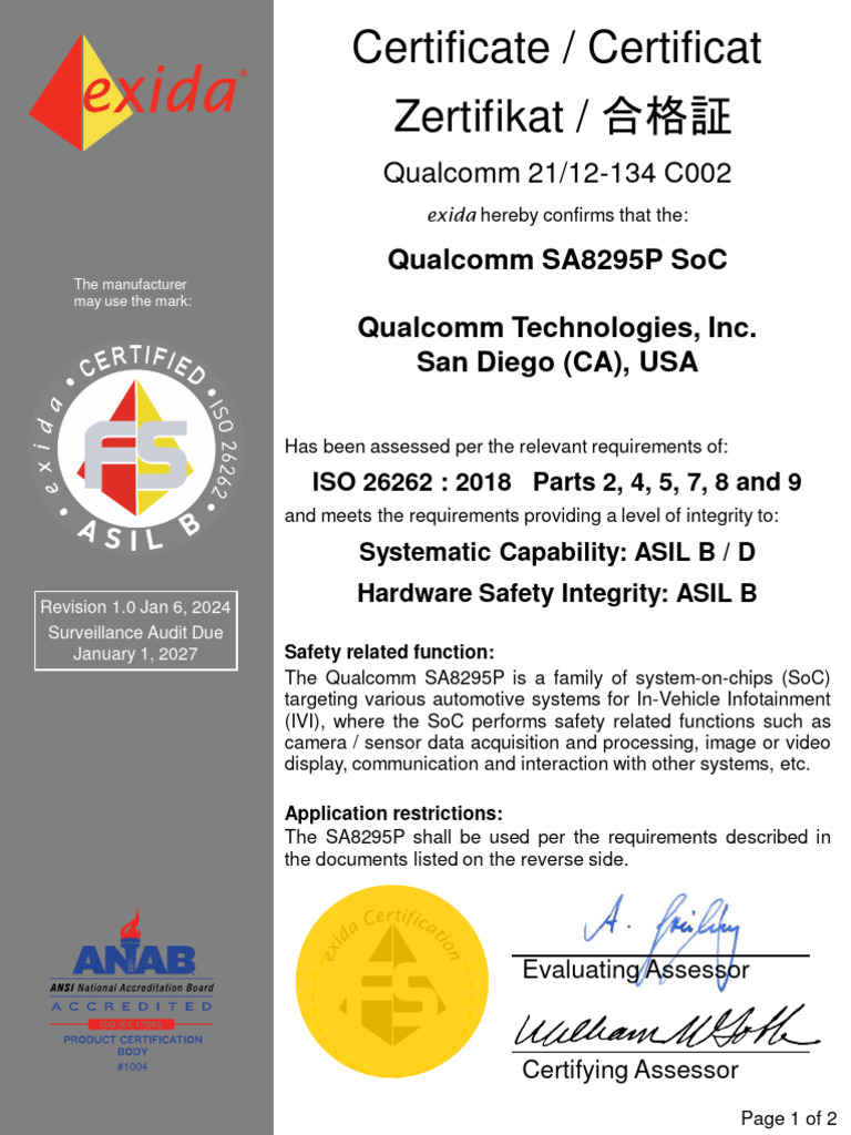 QCOM 2112-134-C002 ISO26262 Certificate SA8295P v1r0 | PDF
