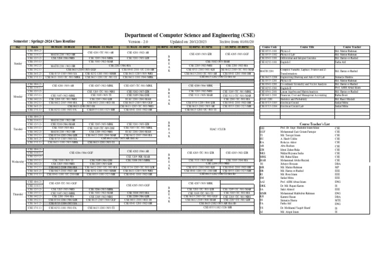 CSE Class Routine Spring 2024 | PDF | Mathematics | Mathematical Physics