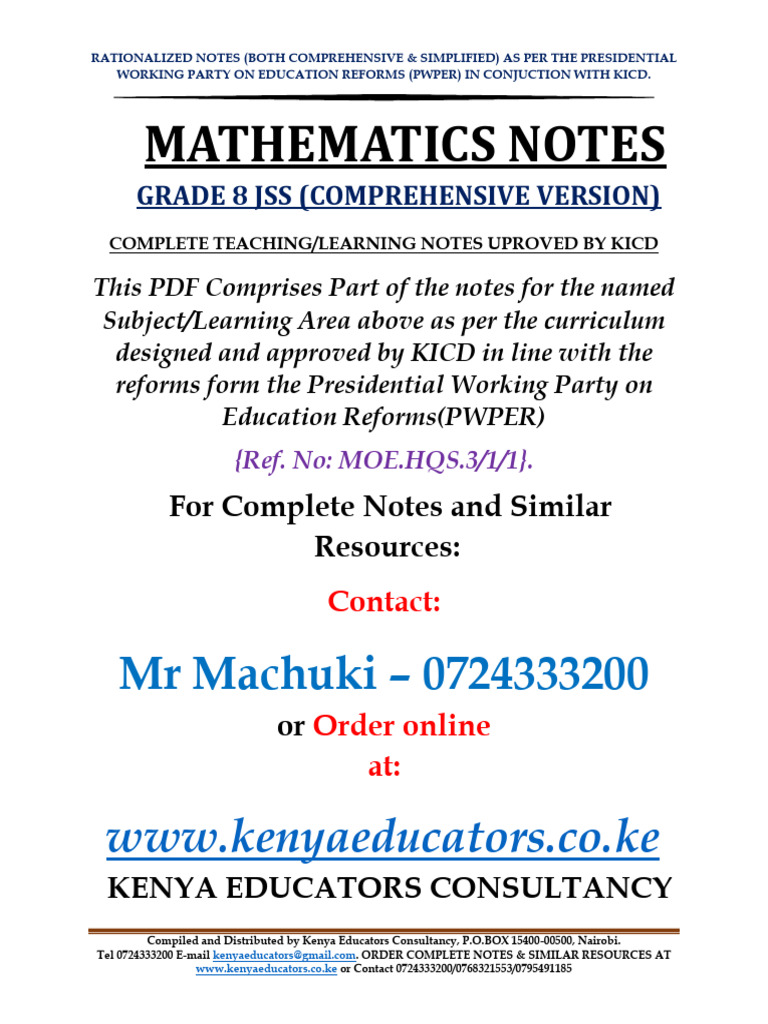 Mat Grade 8 Jss Comprehensive Notes | PDF | Education Reform | Mathematics