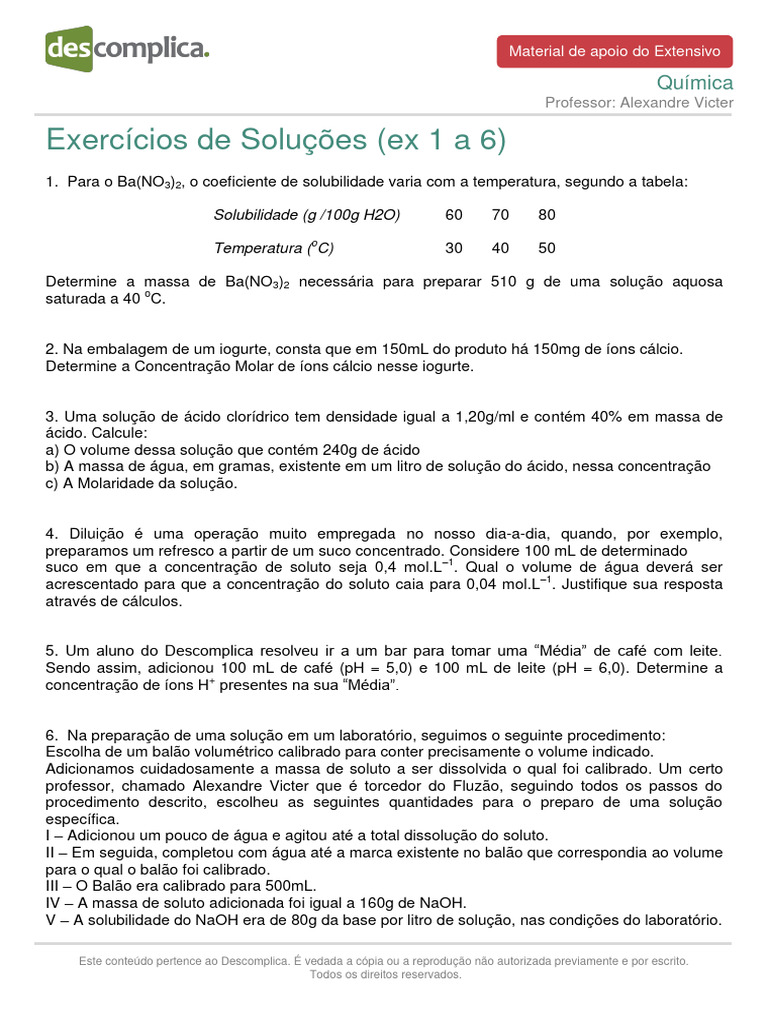 Exercícios de Soluções em Química | PDF | Concentração | Hidróxido de sódio