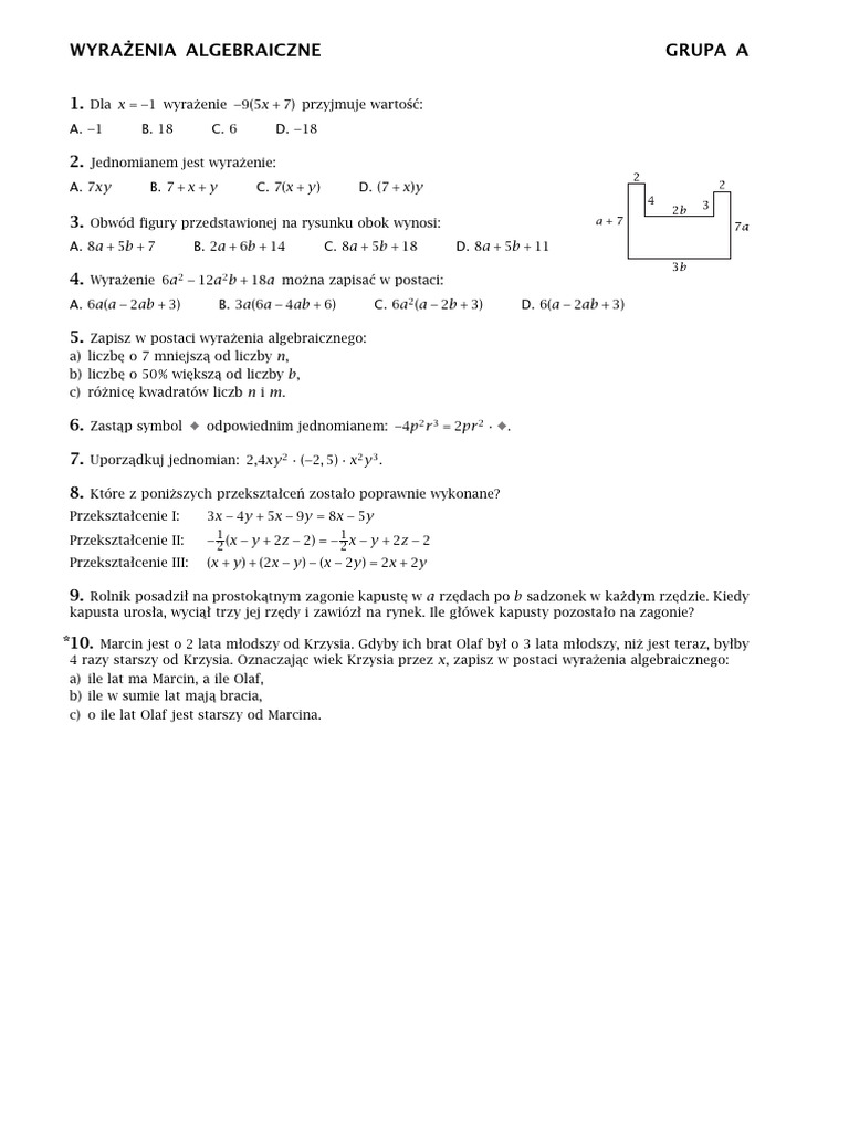 Wyrazenia algebraiczne praca klasowa w 1 klasie gimnazjum pdf pdf