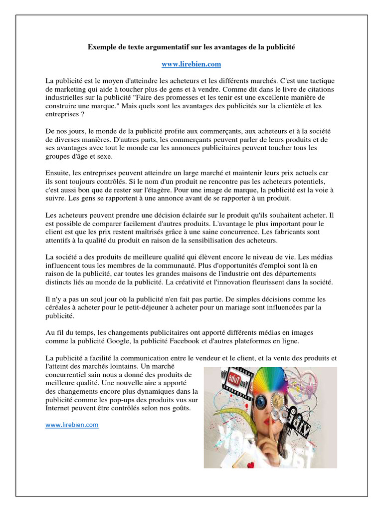Exemple de Texte Argumentatif Sur Les Avantages de La Publicité | PDF ...