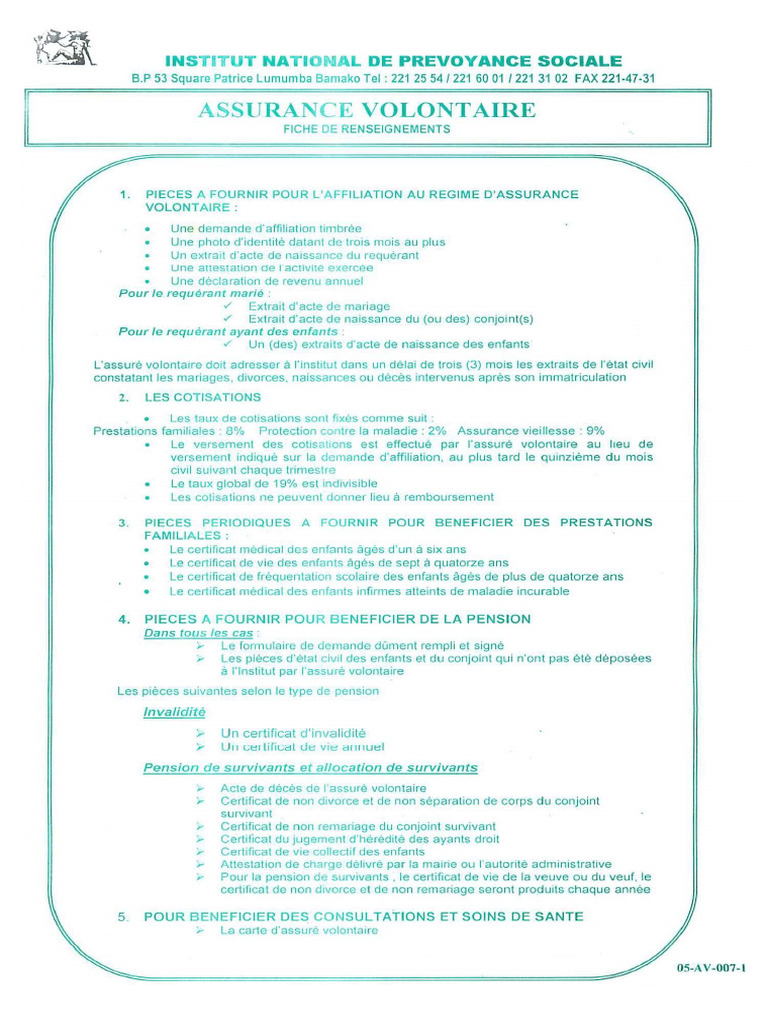 Inps Fiche de Renseignement | PDF