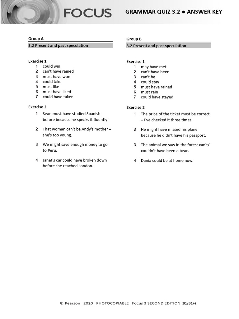 Focus 3 Unit 2 Grammar Answer Key | PDF