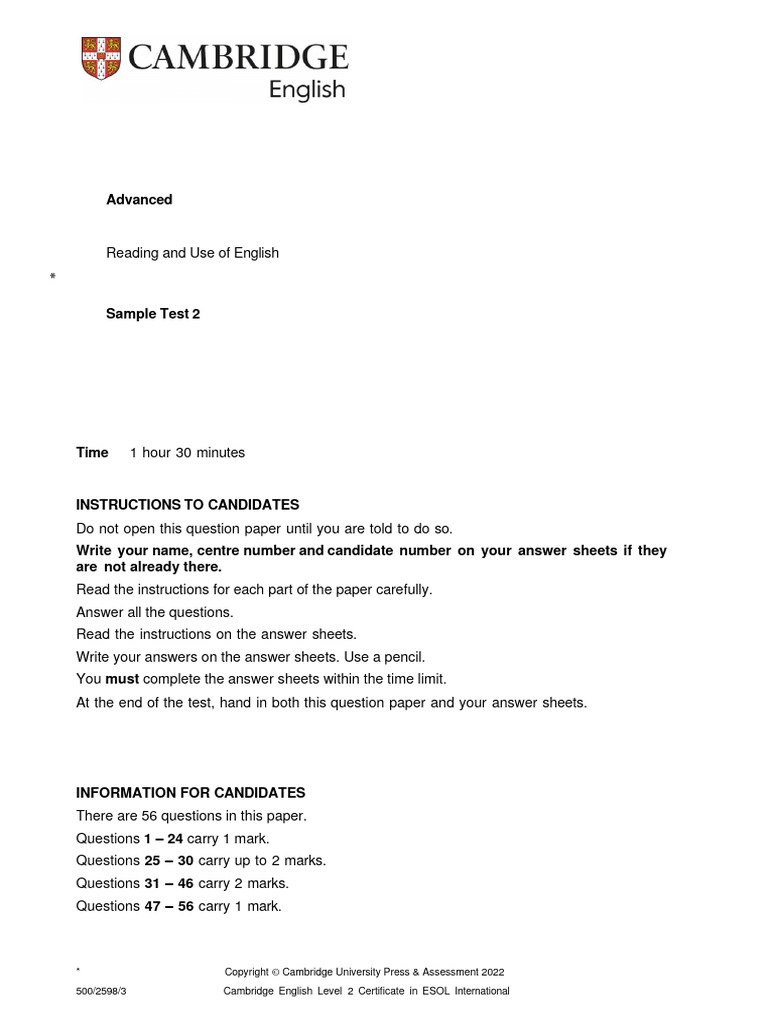 C1 Advanced Sample Paper 2 Reading and Use of English 2022 | PDF ...