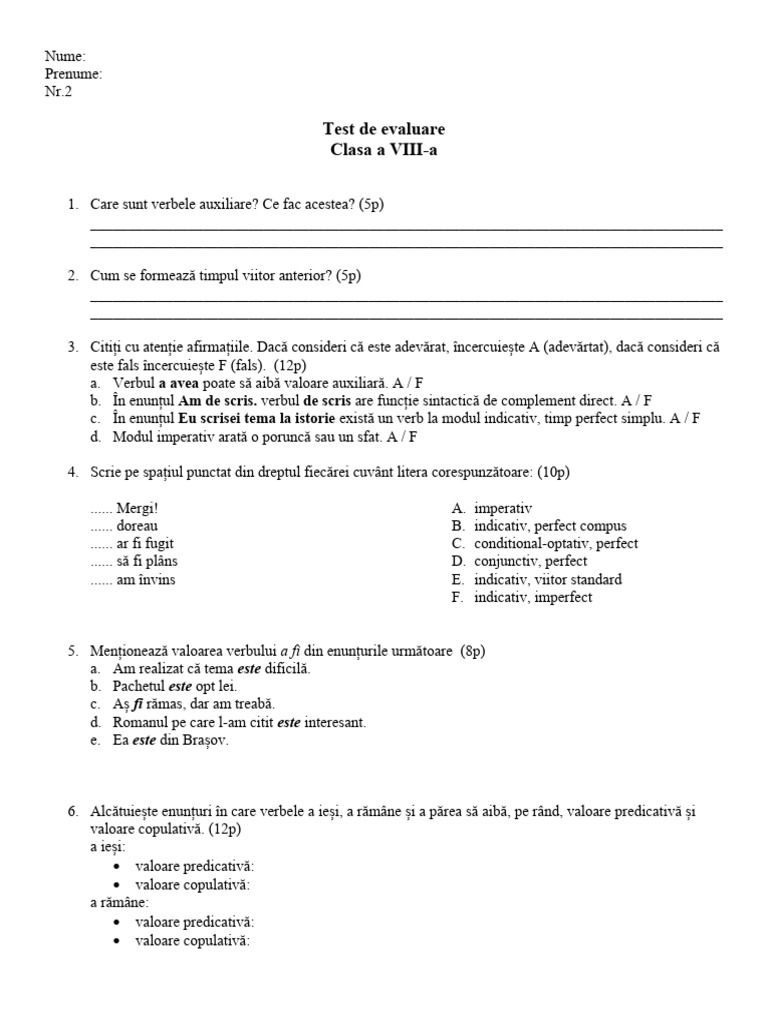 Test Verb Clasa A 8 A NR 2 | PDF