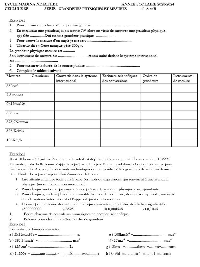 Serie Grandeurs Physiques Et Mesures 2024 | PDF | Système international ...