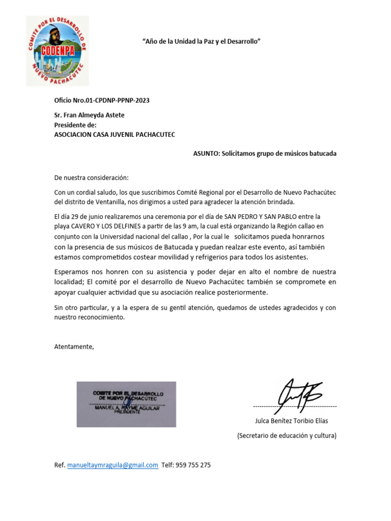 Oficio Pedido de Batucada Acjp | PDF