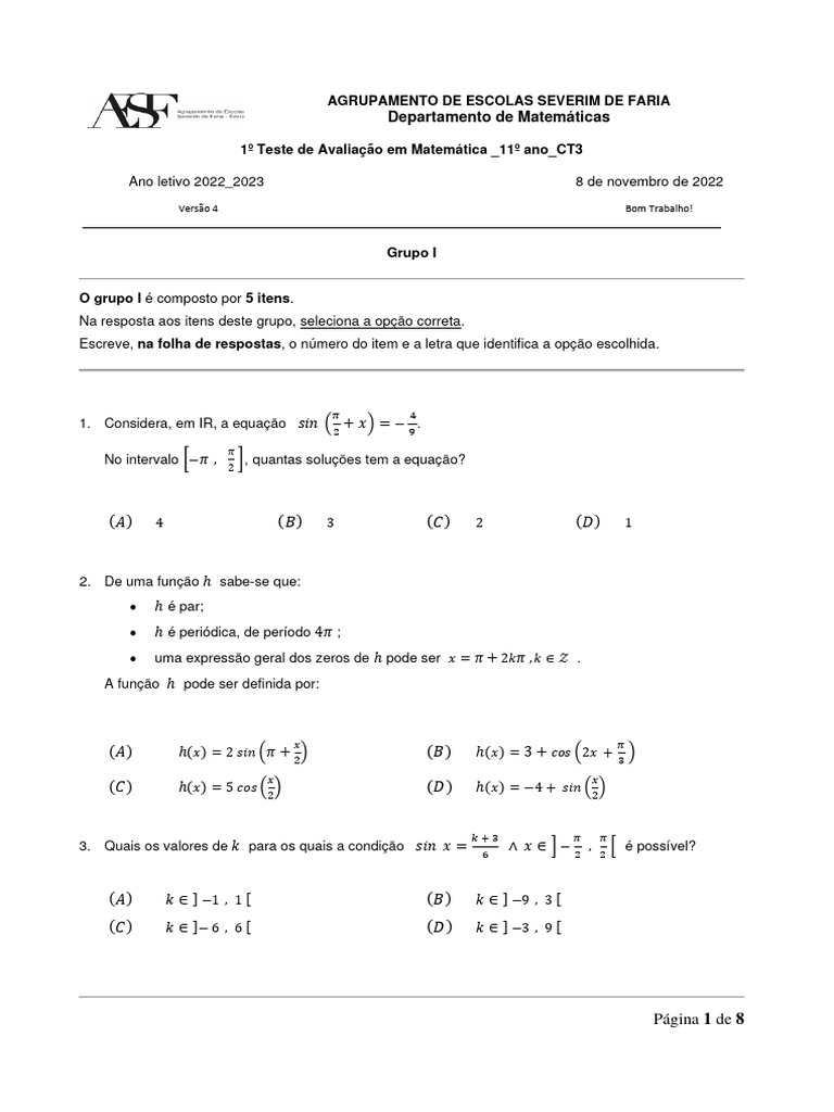 Teste de Matemática 11º Ano - 2022 | PDF | Função (Matemática ...