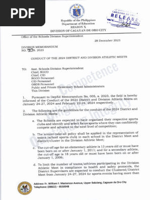 DM703s2023- Conduct of the 2024 District and Division Athletic Meets