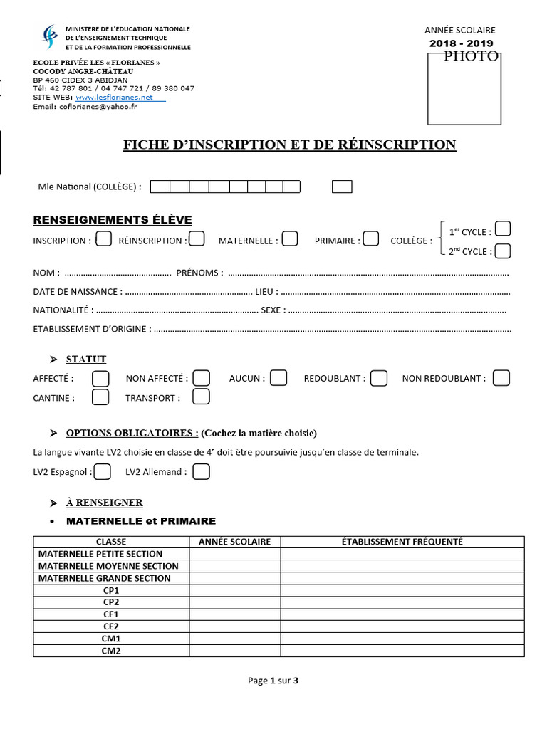 Fiche d'inscription scolaire Les Florianes | PDF | États et ...