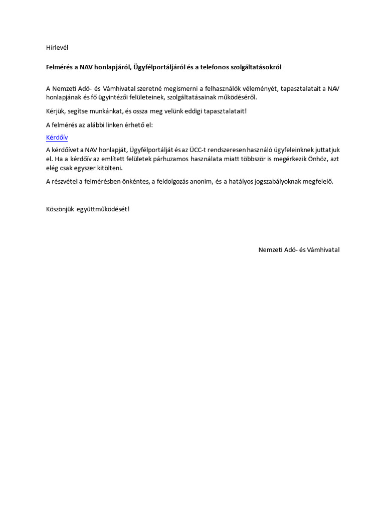 Hirlevel NAV Portal UPO UCC Felmeres | PDF