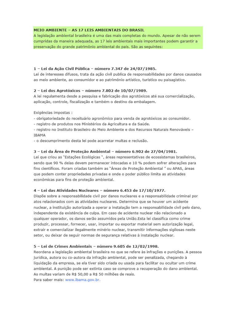 17 Leis Ambientais Essenciais no Brasil | PDF | Direito Ambiental ...