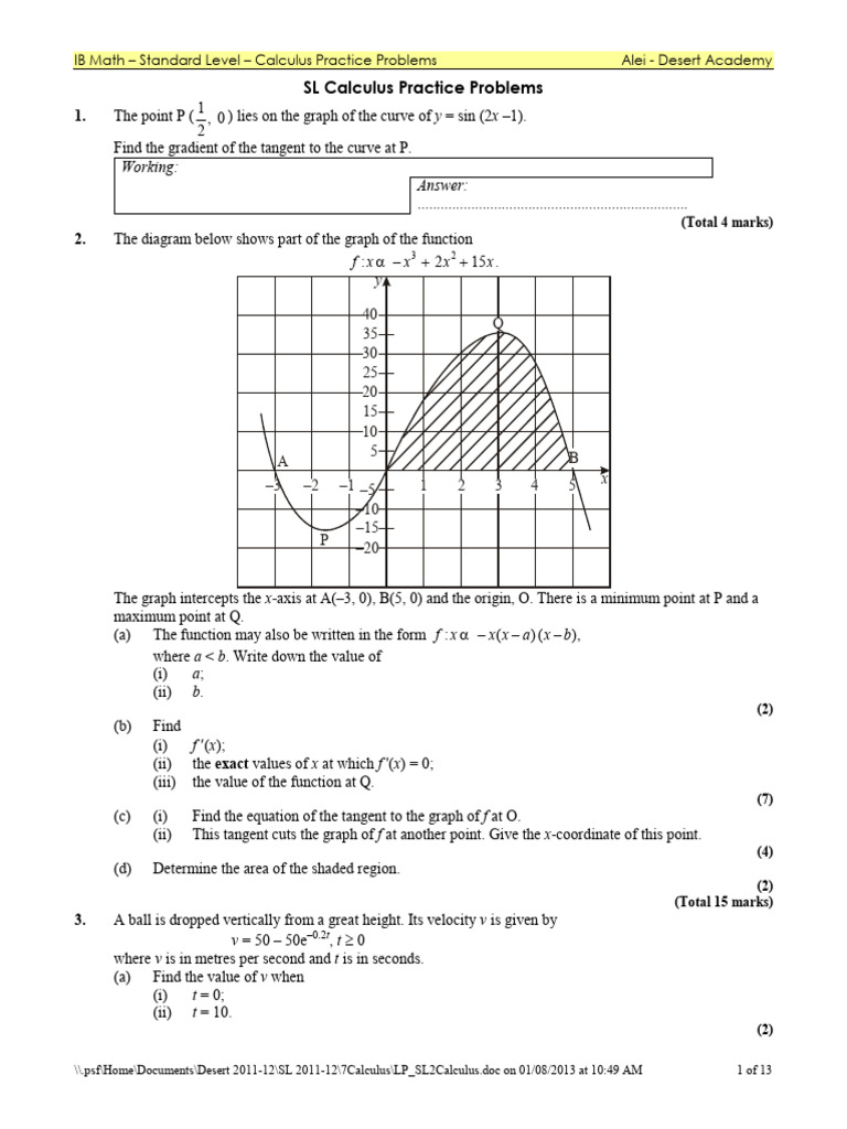 IB Math AA SL Calculus Practice Problems | PDF | Slope | Calculus