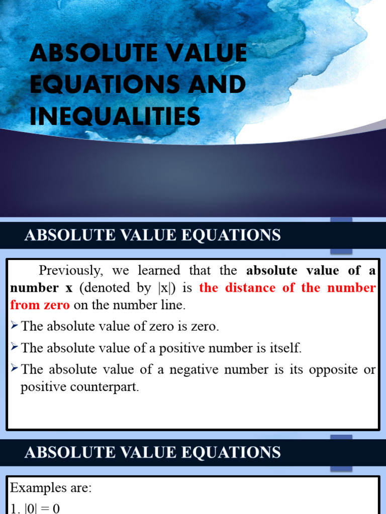 Absolute Value Equations Guide | PDF | Equations | Applied Mathematics