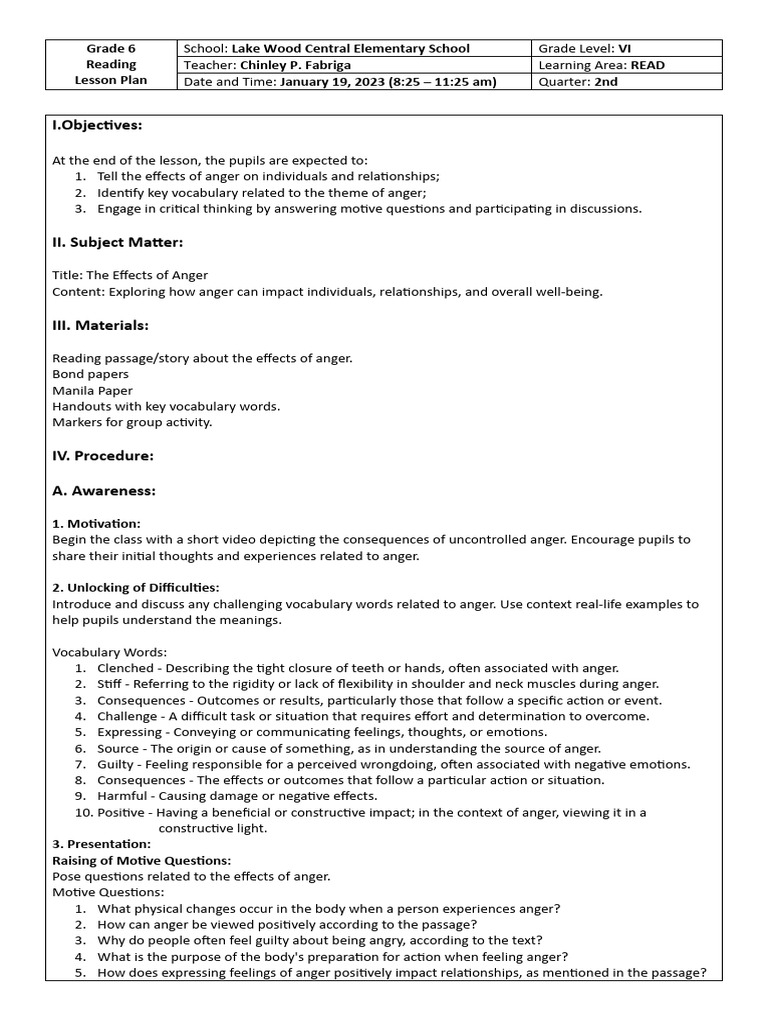 My Reading Lesson Plan Final | PDF | Anger | Thought