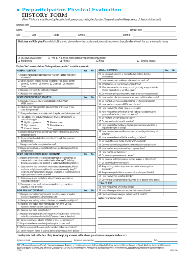 Preparticipation Physical Form | PDF | Heart | Clinical Medicine